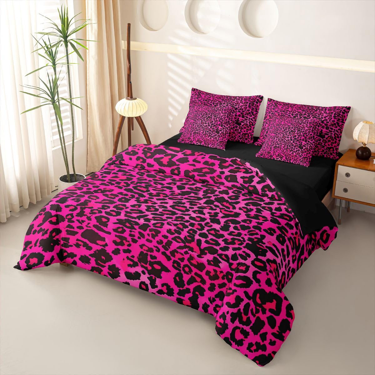 Loussiesd Set di biancheria da letto per bambini con stampa leopardata rosa acceso, per letto singolo, 7 pezzi, per bambini, ragazzi, ragazze, safari, con copripiumino, lenzuola, federe, federe