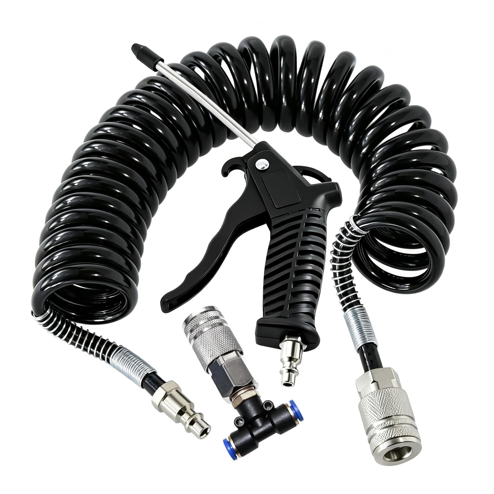 Apglsxy Blowoff Nozzle Set With 5M Coiled Hose, 8Mm Od Air Line, Quick Coupler, And T Adapter For Engine Bay And Workshop Debris Removal Use Compressed Air Blower Blowoff Nozzle Coiled Hose Quick Coupler Bay