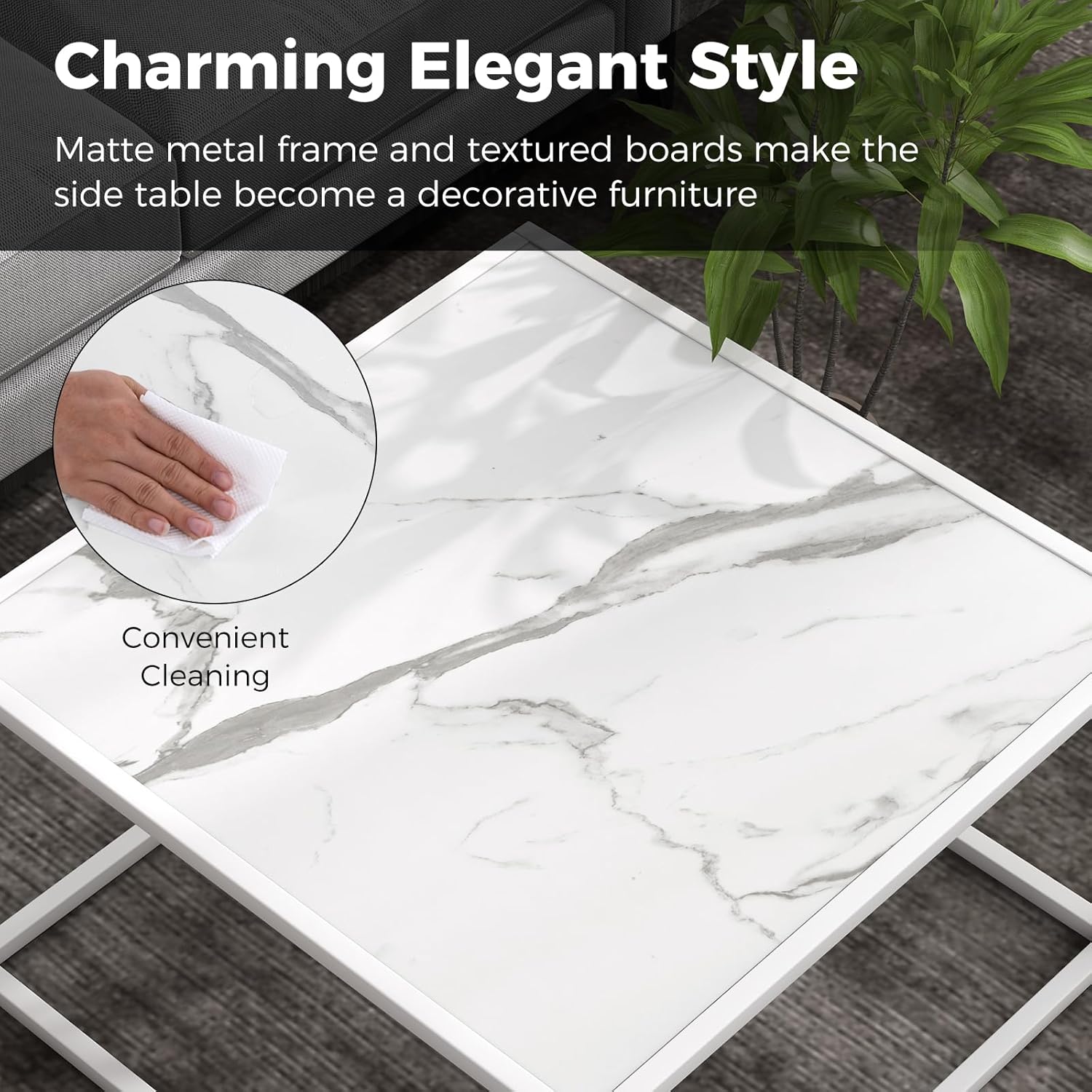 Giantex Square Coffee Table with Faux Marble Tabletop & Steel Frame, Center Cocktail Table, Accent Living Room Furniture, Low Bedside Table, Easy Assembly (White)