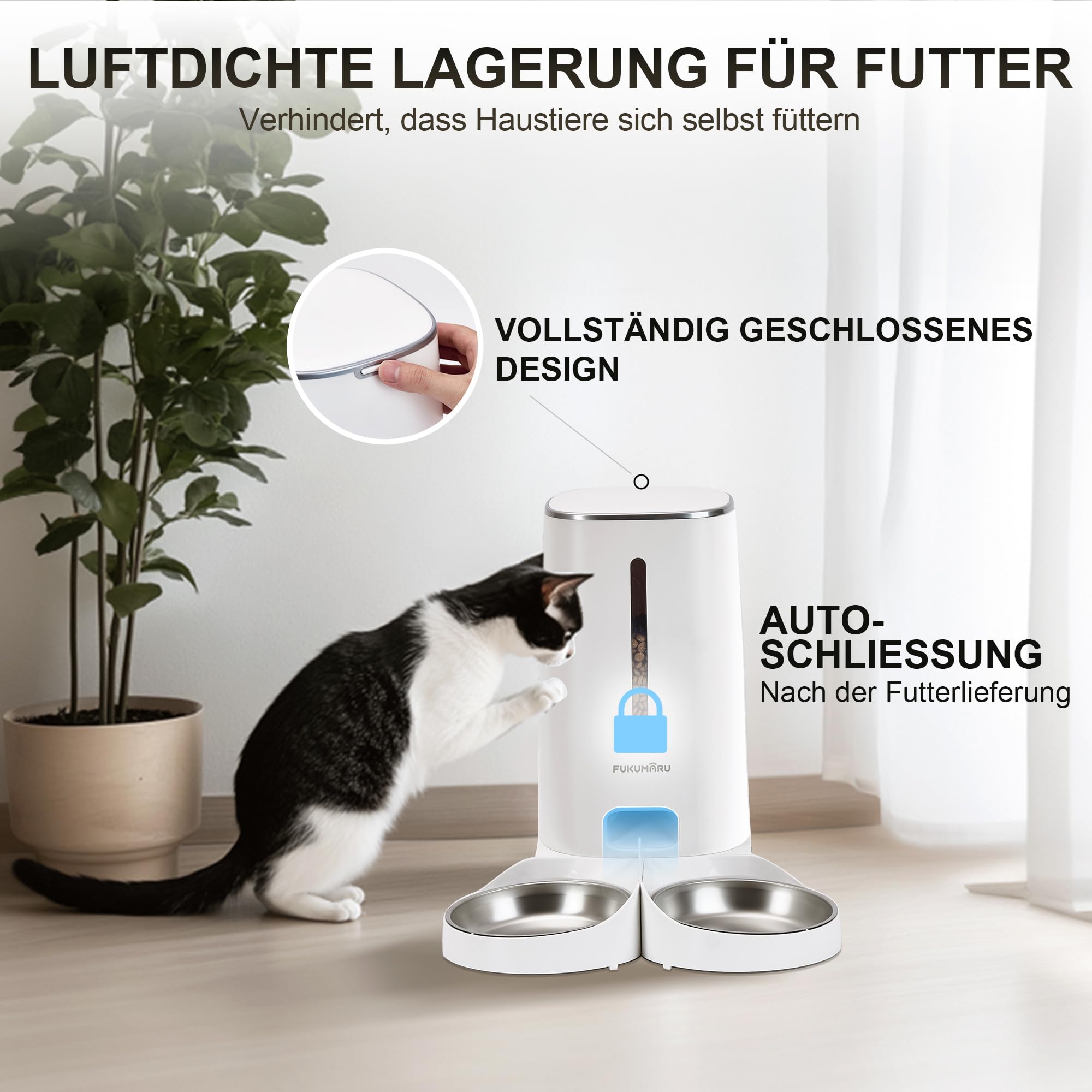 FUKUMARU Futterautomat Katze, 4L Katzenfutter Automat WiFi mit Doppelnäpfen, Automatischer Futterspender Katze/Hunde mit Maßgeschneidert Zeitplan, Akkubetrieben & Kabelgebundene Elektrik, Weiß