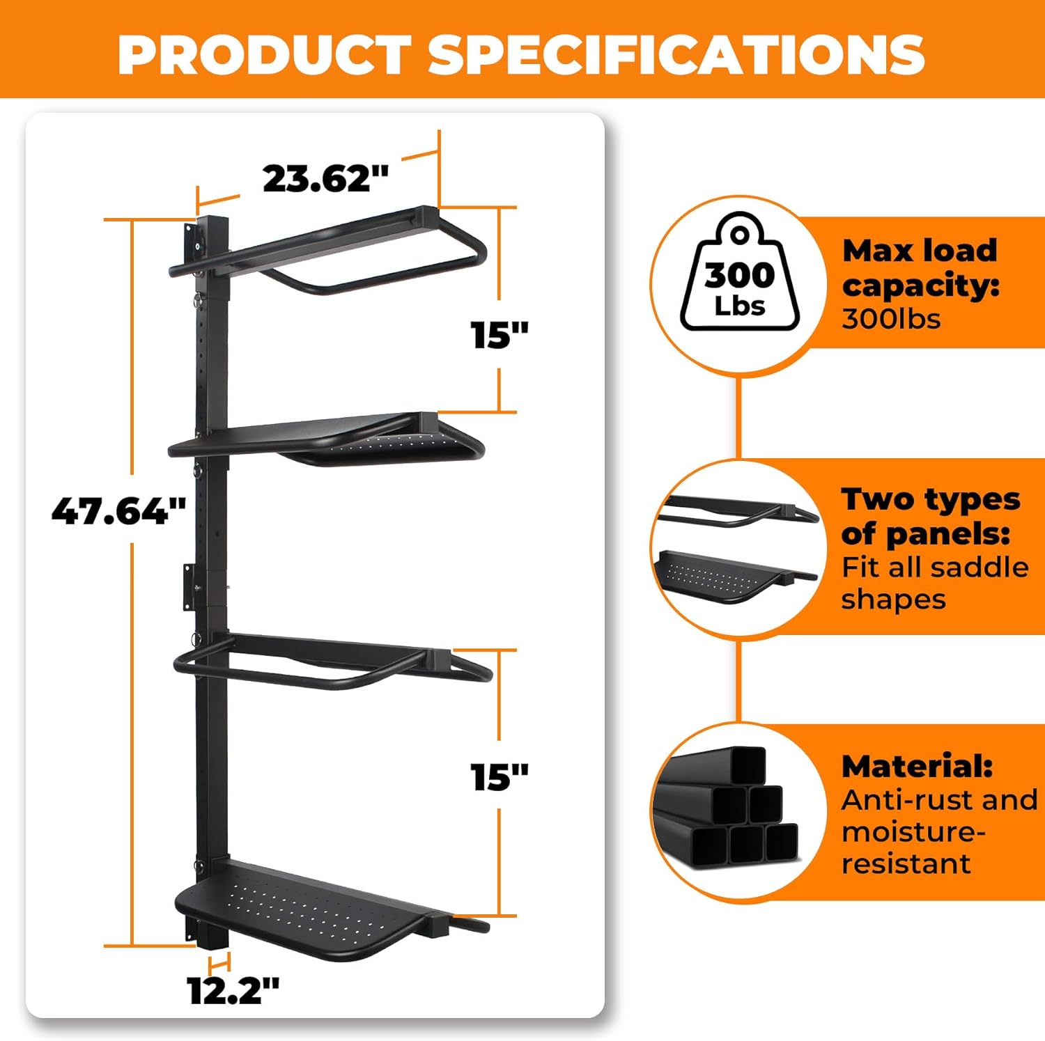 Sidasu Split-Type Saddle Rack,4 Tier Heavy Duty Wall Mounted Saddle Rack,Saddle Stand Detachable for Western Style Saddles,Horse Tack Storage, Supports to 300Lbs, Black(Alloy Steel)
