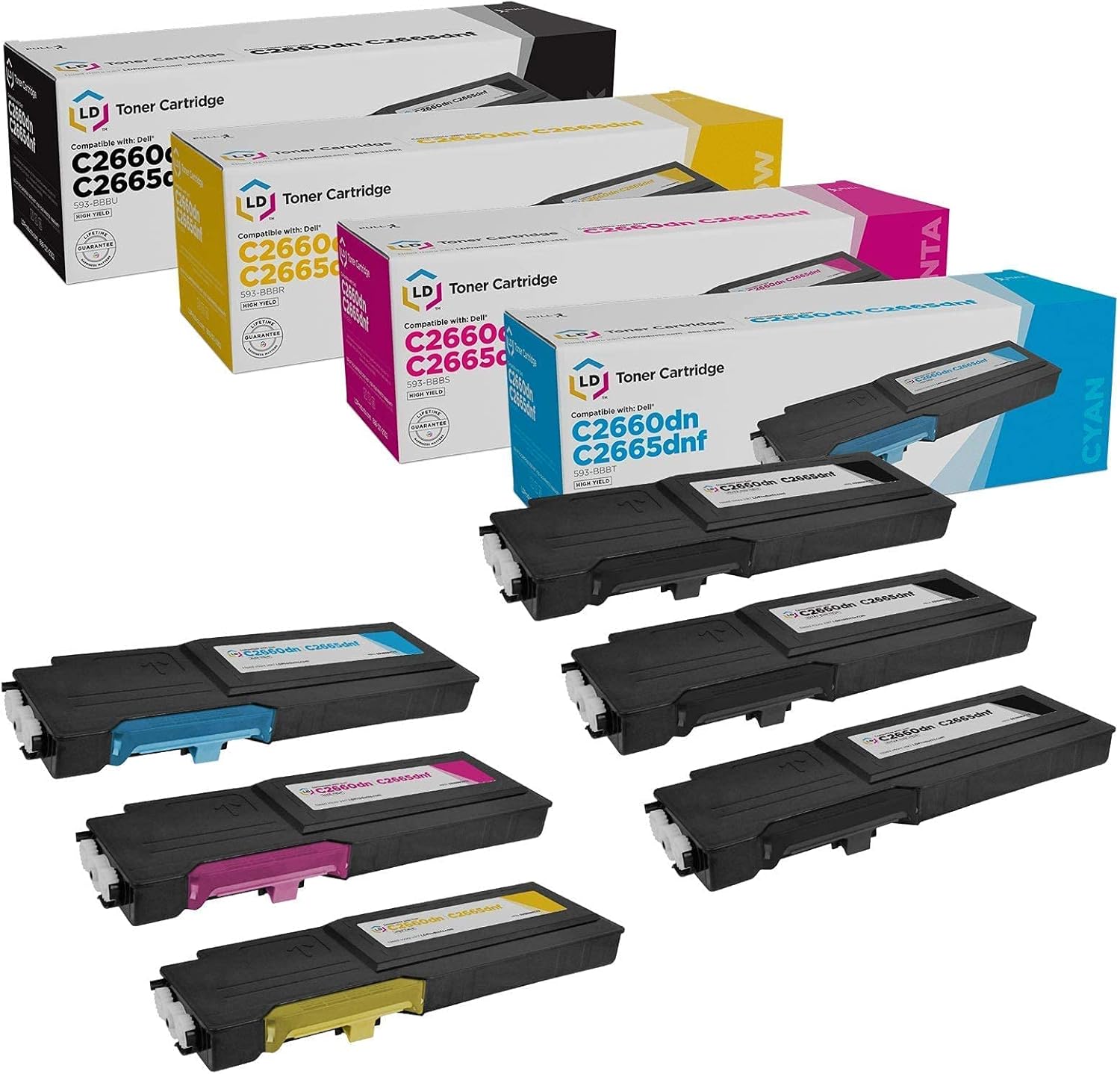 LD Products Compatible 593 Replacement for Dell C2660dn & C2665dnf High Yield Printer Toner Cartridges (3 Black 593-BBBU, 1 Cyan 593-BBBT, 1 Magenta 593-BBBS, 1 Yellow, 593-BBBR, 6-Pack)