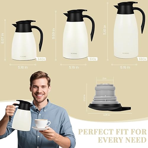 Miniatura 4 de Jarra térmica de café de 34 onzas, acero inoxidable aislado al vacío para mantener el café caliente, dispensador de café y bebidas de 1 litro (crema)