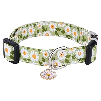 CHEDE Cotton Dog Collar for Small Medium Large Dogs,Girl Dog Collar with Quick-Release Buckle ,Flowers Soft Adjustable Pet Collar (Small, Green Daisy)