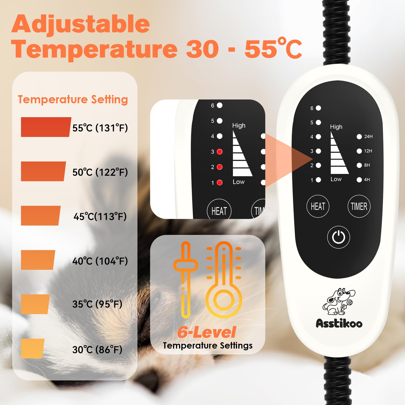 Tappetino Riscaldante per Cani Gatti, Tappeto Riscaldante per Animali Domestici con 4 Timer& 6 Livelli Temperatura 30-55℃, Coperta Termica Gatto Cani Anti-Morso Impermeabile (XL - 90X60cm)