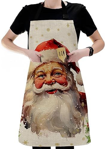 Miniatura 6 de Christmas Bib Aprons with Pockets Waterproof, Adjustable Apron for Men Women Xmas Santa Berry Botanical Winter Snowflake