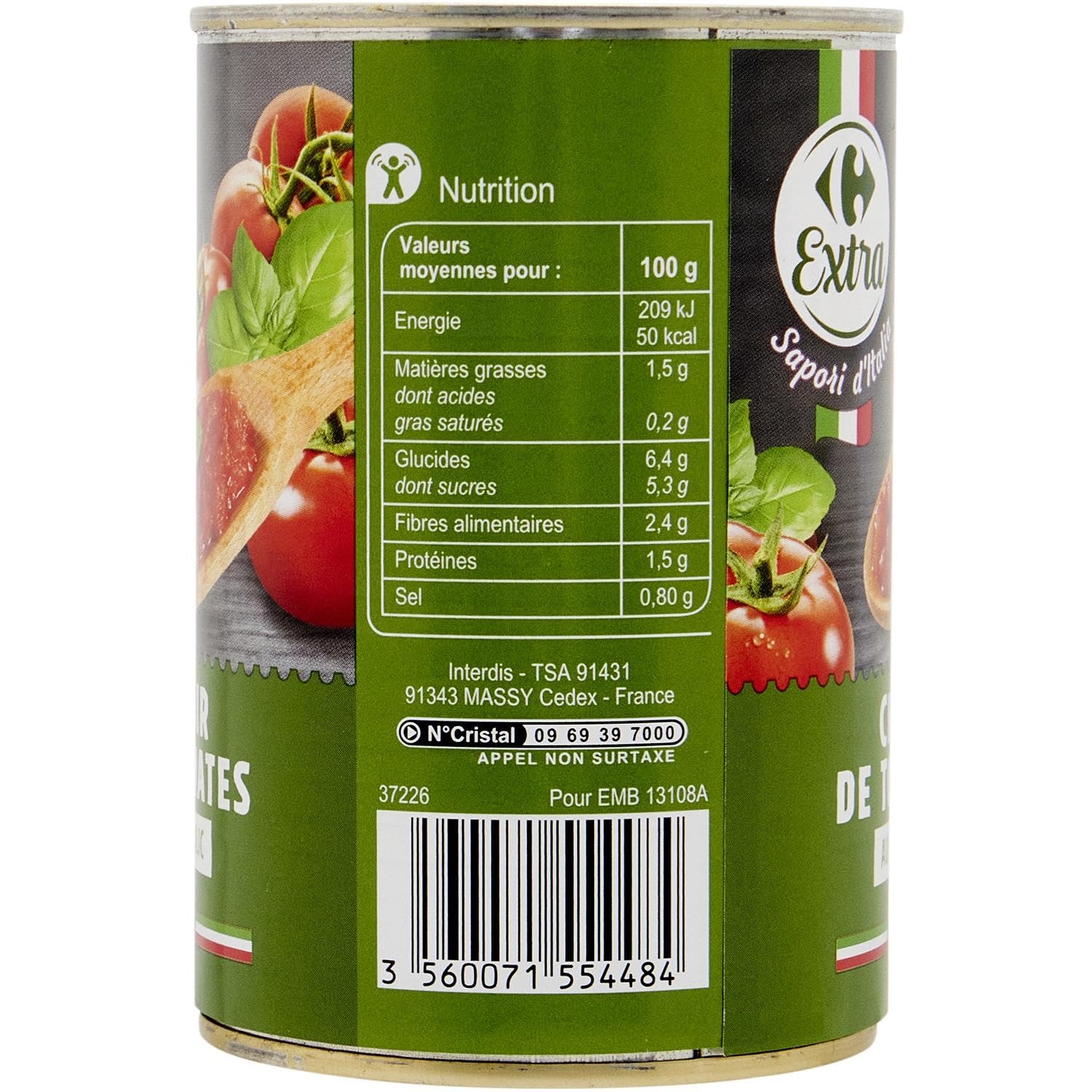 CARREFOUR EXTRA - Sapori D'italia - Chair de Tomates au Basilic · Idéale pour les Sauces Maison et les Plats Mijotés · Tomates Italiennes - La Boîte de 400g - Le Lot De 4