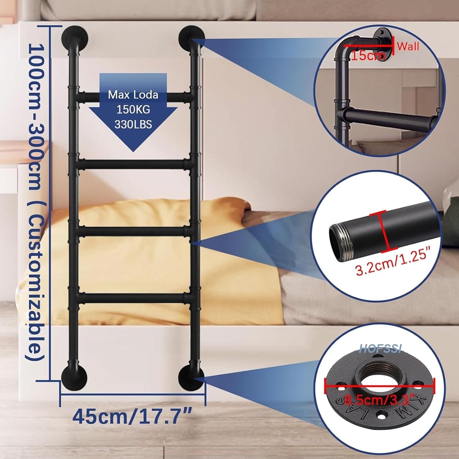 Wall-Mounted Black Ladders for Home, 3.3-10ft Basement Window Well Egress Exit Ladder, Metal Stepladders for RV Attic Bunk Bed, 4-10 Steps Ladder for Attic Stairs(1.62M/5.3FT/64IN)