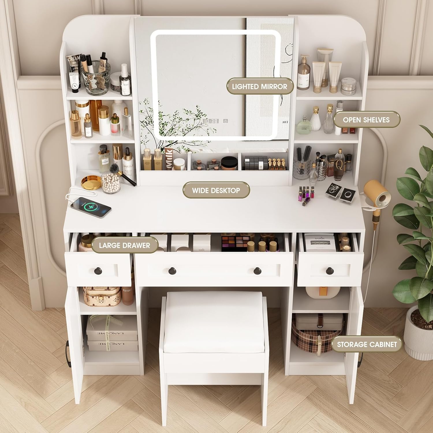 Fameill Vanity Mirror with Lights, Makeup Vanity Desk and Chair, White Makeup Table with Large Storage Drawers and Shelves, Time and Temperature Display, 3 LED Lighting Modes Adjustable