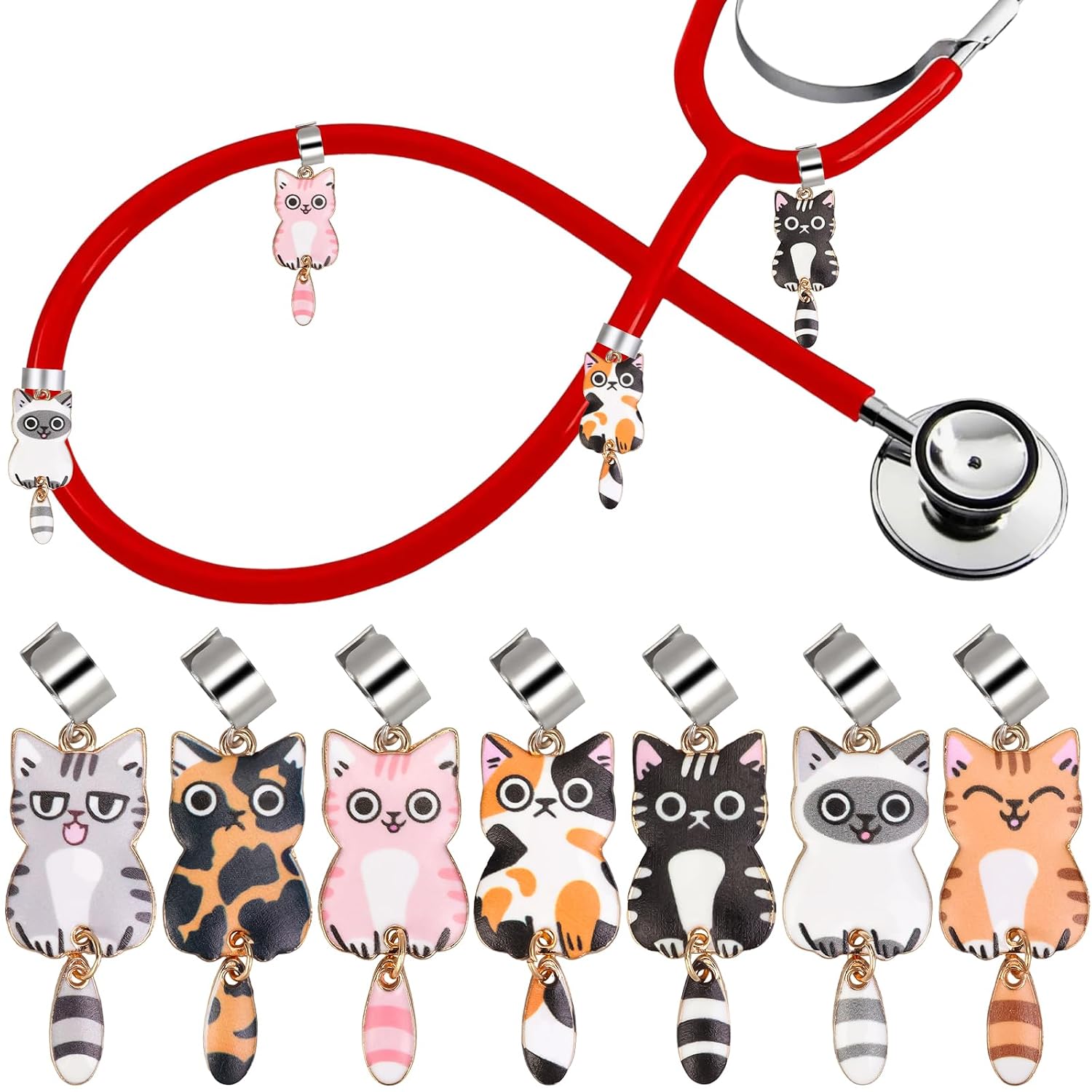 8 pcs Stethoscope Charm Tag for MDF Littmann, Cute Cat Personalized Adjustable Stethoscope Charms Accessories Fit for Nurse, Doctor, Medical Workers