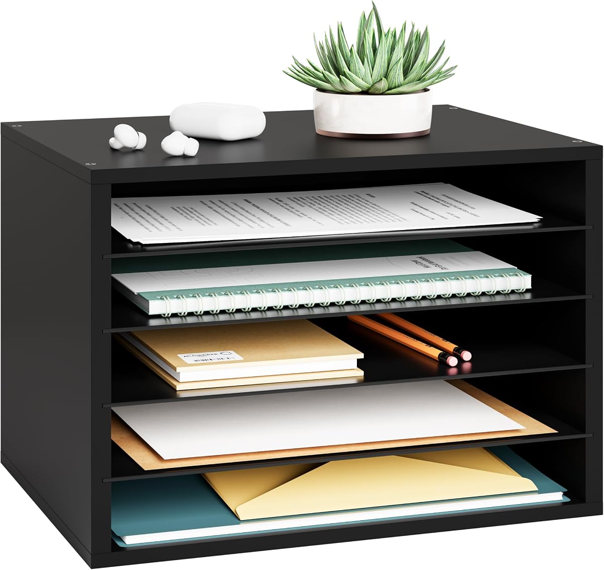Ballucci Bandeja organizadora de papel de 5 niveles, organizador de archivos de escritorio de madera con estantes ajustables, soporte para revistas clasificador de correo A4, oficina en casa, escuela, color negro