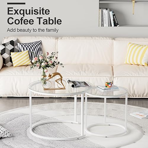 Miniatura 43 de aboxoo Juego de 2 mesas auxiliares blancas con marco dorado, circulares redondas y con patrón de mármol, mesas de madera, sala de estar, dormitorio,
