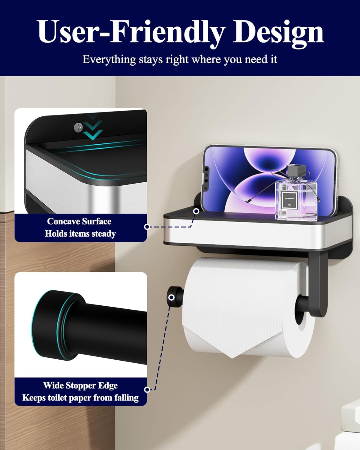 Kitsure Toilet Paper Holder with Shelf - Adhesive & Screw Wall Mount Toilet Paper Storage, Matte Black Design for Bathroom Decor, Space-Saving for Washroom, RV, Black, 7.1" W