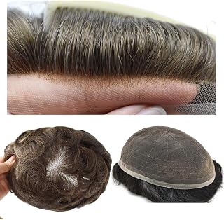 Brazilian human hair toupee for men with Soft Full Lace 10x8" Slight Wave hair pieces human hair replacement Transparent Lace Hair system for men Thin Swiss lace Wigs Light Density Black Brown Blonde (8"x10", #630 Light Brown+30%Gray-100 % Light to Med-Light)