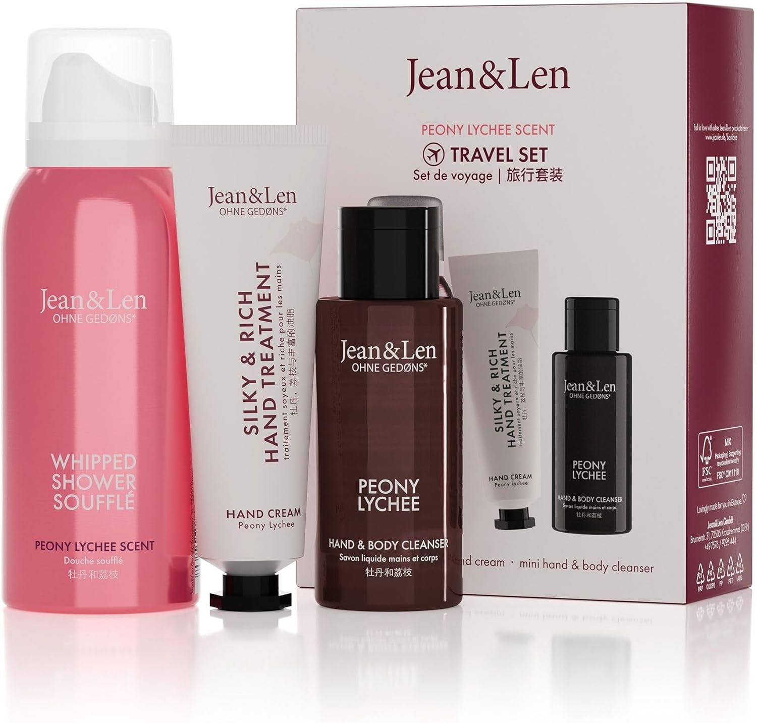 Jean & Len Peony en Lychee Reisset, klein cadeau of souvenir, producten voor lichaam en geest, kleine reisformaten, veganistische cadeauset Jean & Len Peony en Lychee Reisset, klein cadeau of souvenir, producten voor lichaam en geest, kleine reisformaten, veganistische cadeauset