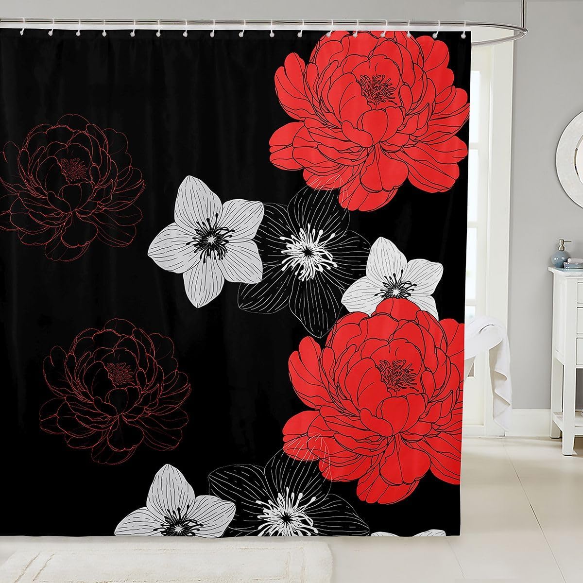 jejeloiu Vintage Red Floral Shower Curtain for Bathroom Decor Peony Flower Bath Curtain Wildflower Botanical Bathroom Accessories Garden Floral Waterproof Polyester Fabric for Stalls Bathtubs 72"x78"