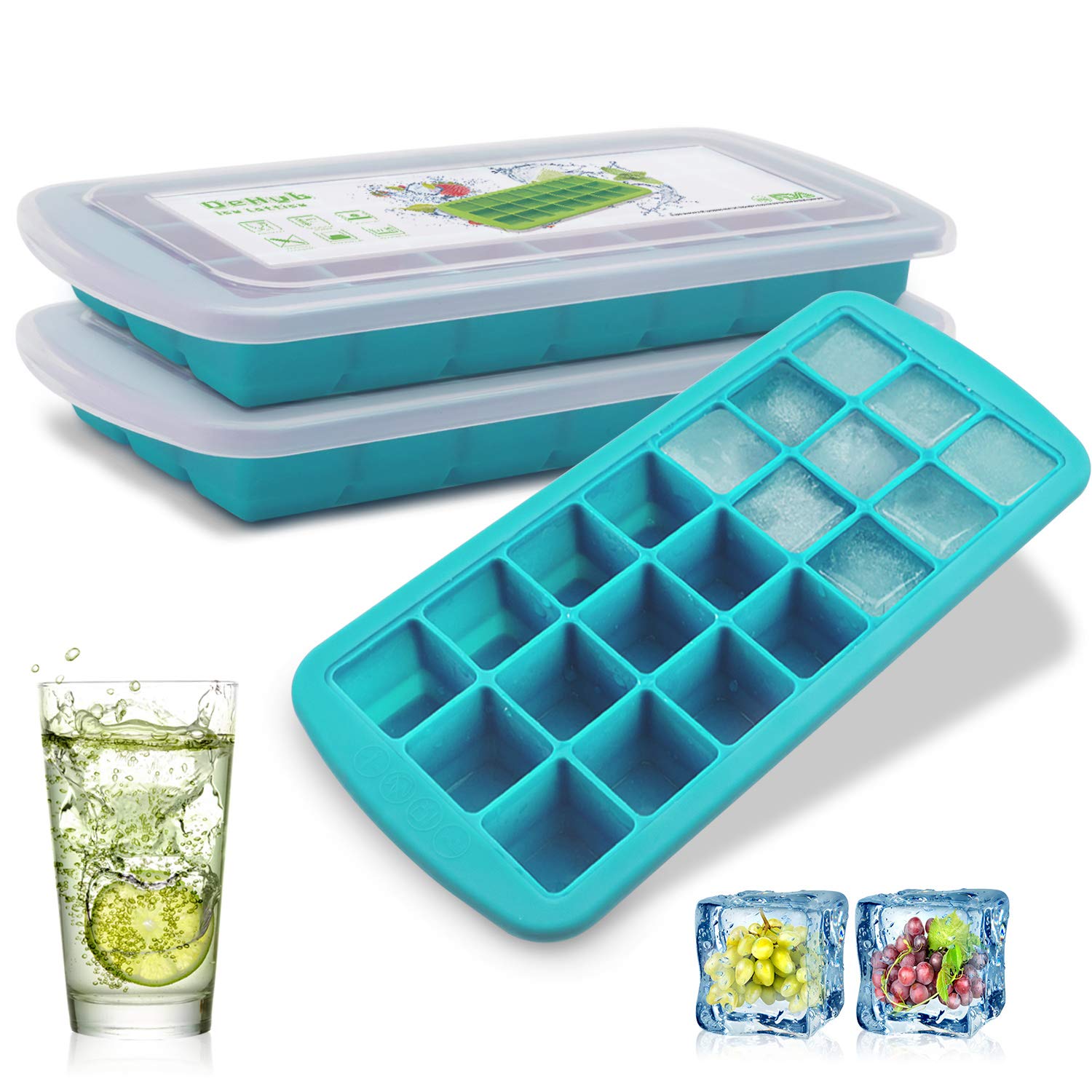 CREATESTAR Ice Cube Trays 2 Pack, Easy-Release Silicone & Flexible 21-Ice Trays with Removable Lid Food Grade Ice Tray for ice cream,Tea, Soda Water, Ice Cube Molds BPA Free (Blue)