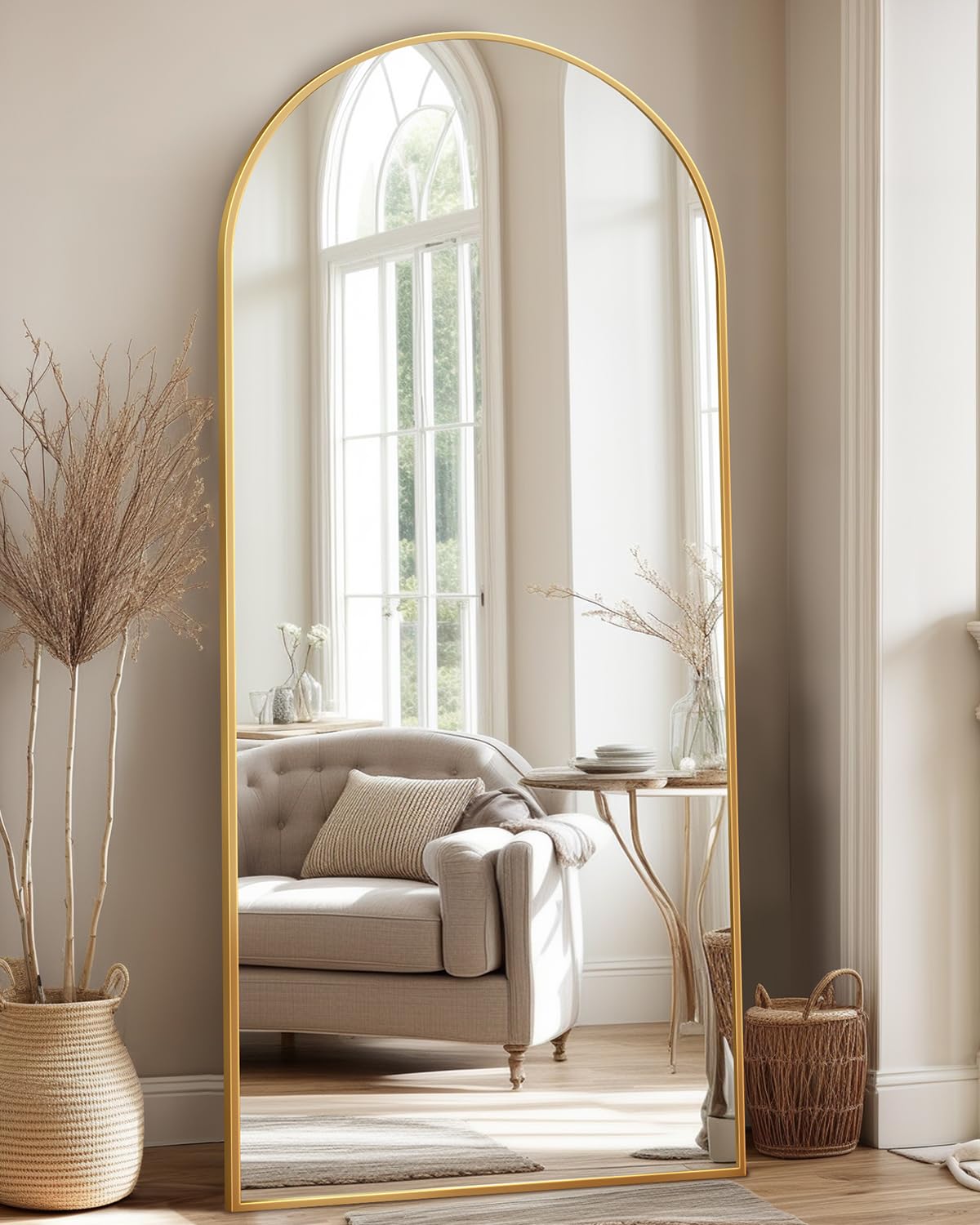 Full Length Mirror, 58"x21" Arch Floor Mirror, Floor Standing Mirror Freestanding Full Body Mirror with Stand for Bedroom, Hanging Mounted Mirror for Living Room Cloakroom, Gold