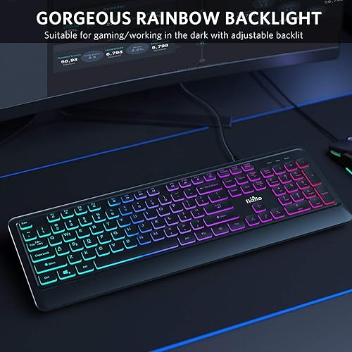 Miniatura 2 de Fiodio Teclado de membrana Rainbow para juegos, teclado silencioso de computadora con cable, 104 teclas silenciosas y 26 teclas anti-fantasma,