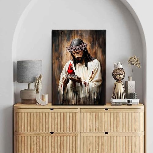 Miniatura 8 de Lienzo decorativo de Jesús y cardenal Jesús salva a los cardenalis, cuadro de decoración de pintura cristiana de Dios, espinas, pájaros rojos,