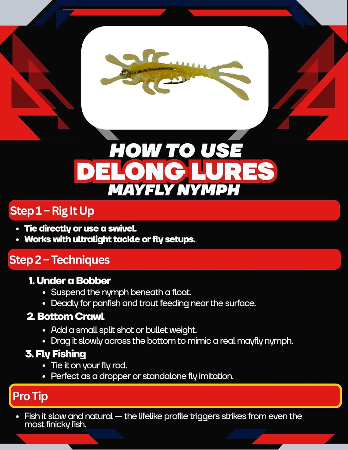 DELONG LURES - Mayfly Nymph Soft Plastic Fishing Bait Lure, Mayfly Lures for Freshwater Saltwater Scented Mayflies for Peacock Bass Largemouth Bass Smallmouth Bass Crappie Panfish and Trout