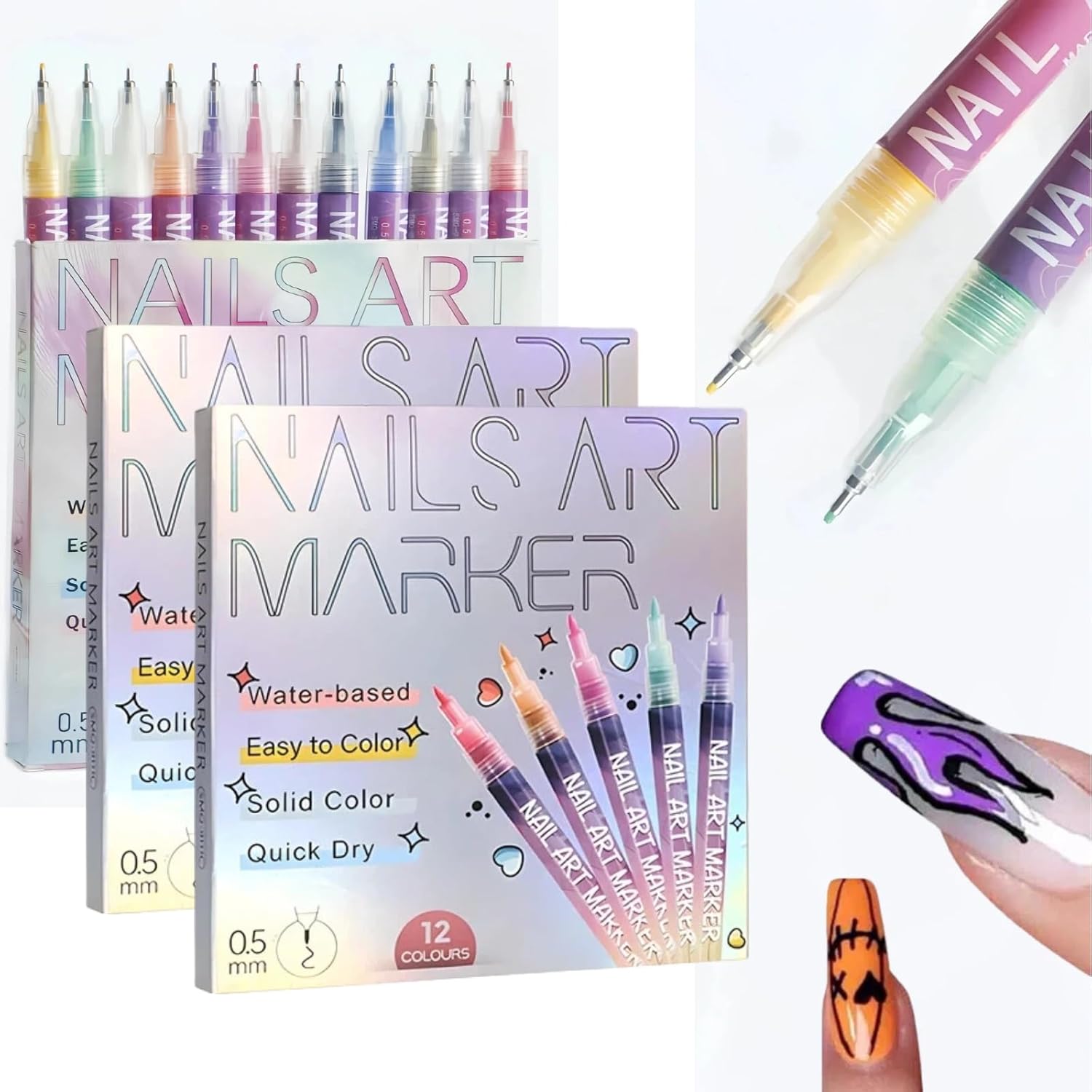 12 Colors Nail Art Pens Set,Nail Art Marker Drawing Painting Liner Pen,2025 Upgrade Nail Art Markers,0.5 MM Waterproof and Quick-drying Nail for DIY Nails Art Design Manicure Tools (3 kit)