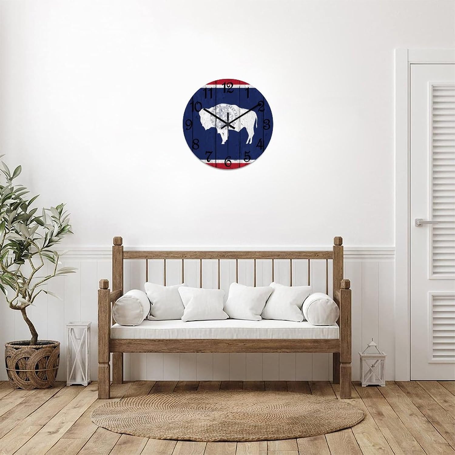 Wyoming Flag Round Wooden Clock for Wall Decor Wyoming Farmhouse Wall Clock 15 Inch Silent Non-Ticking Wood Clock for Office Classroom Wall Art