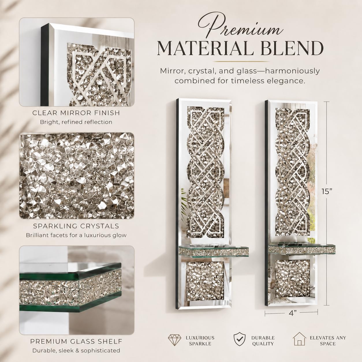 Diamond Lattice Crystal Candle Sconces Set of 2, 15 x 4 Inch