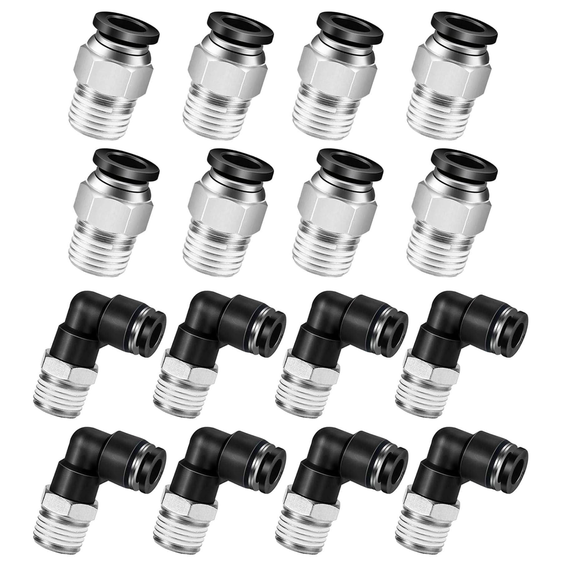 16Pcs Raccordi a gomito e diritti combinati 6MM OD tubo x 1/4 di pollice filettatura PC6-N2+PL6-N2,90 Gradi Spingere in CollegAmento Raccordo Pneumatico,Raccordi Pneumatici a Innesto Rapido