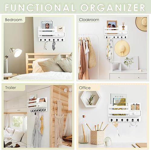 Miniatura 7 de VIS'V Soporte para llaves de pared, soporte de madera blanca para llaves con cajón para montaje en pared, organizador de llaves con 6 ganchos para