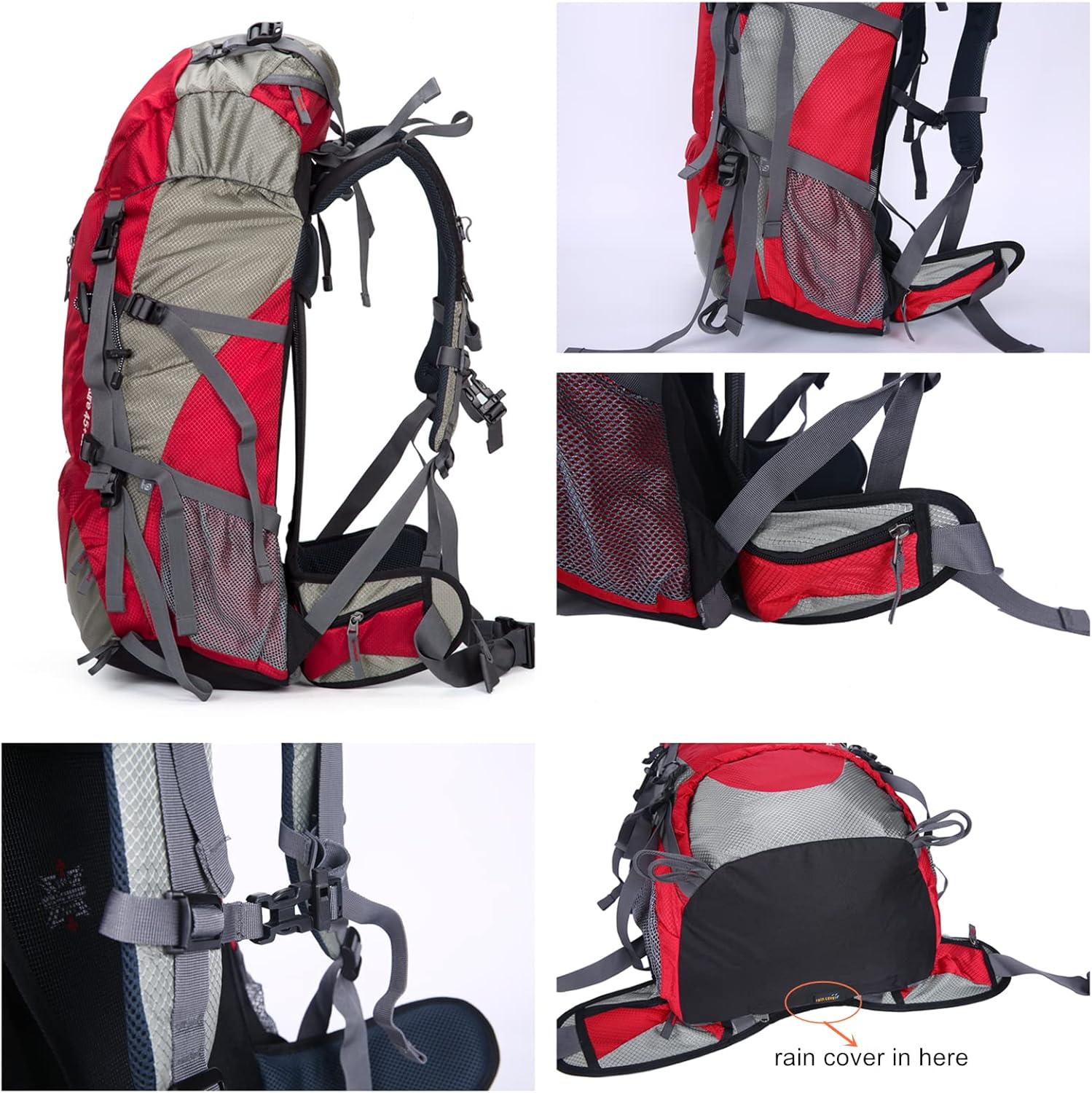 UNISTRENGH Hiking Backpack Nylon Water-resistant 50 Liter Backpacking Internal Frame Trekking Bag with Rain Cover (Red)