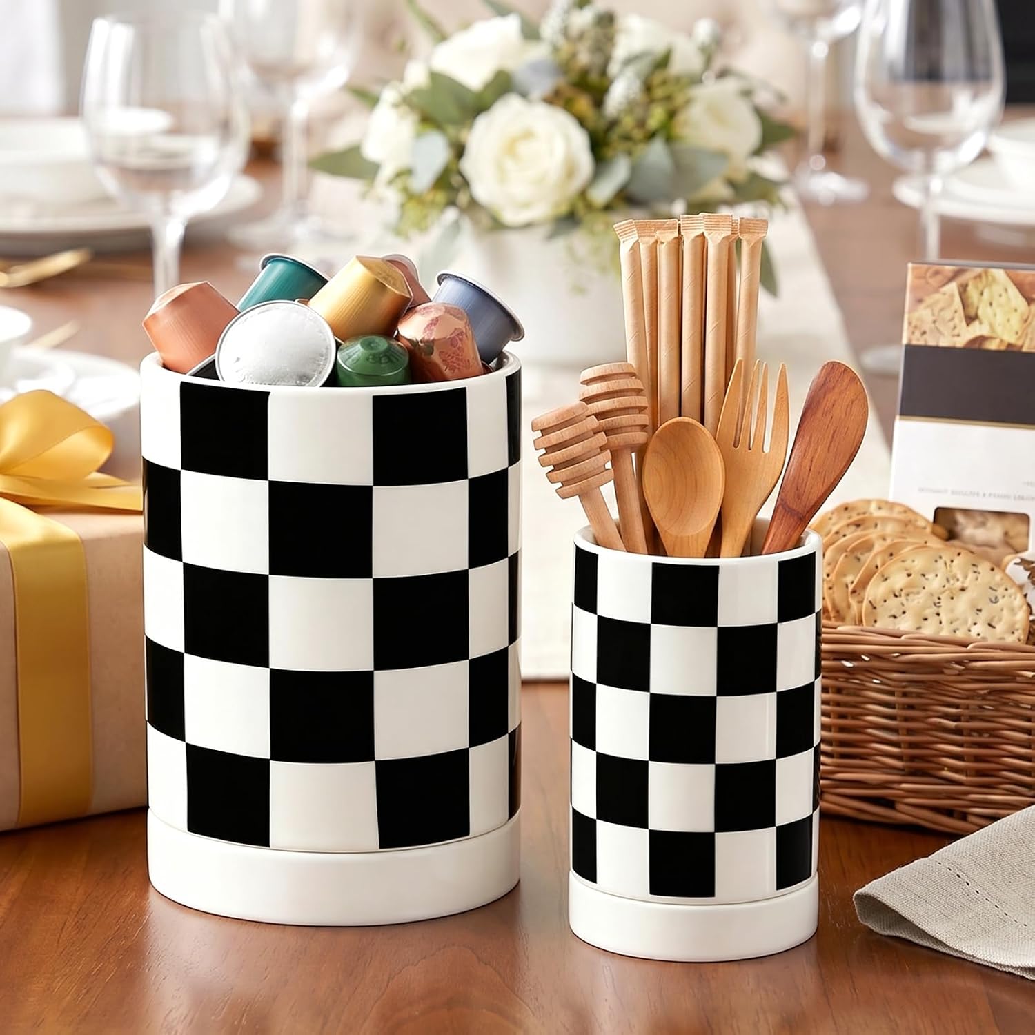 Kitchen Utensil Holder, 7.8 Inch + 5.8 Inch Checkered Ceramic Utensil Crock for Countertop, Heavy Large Counter Organizer with Removable Tray, Modern Kitchen Decor