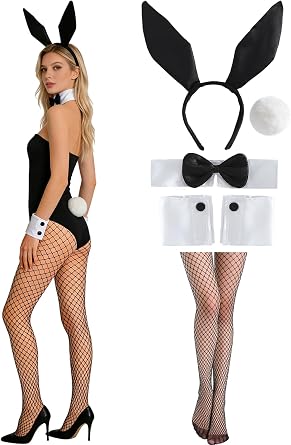 6Pcs Bunny Costumes Women Black Bunny Ears Collar Bow Tie Cuffs White Bunny Tail and Thigh High Fishnet Stockings
