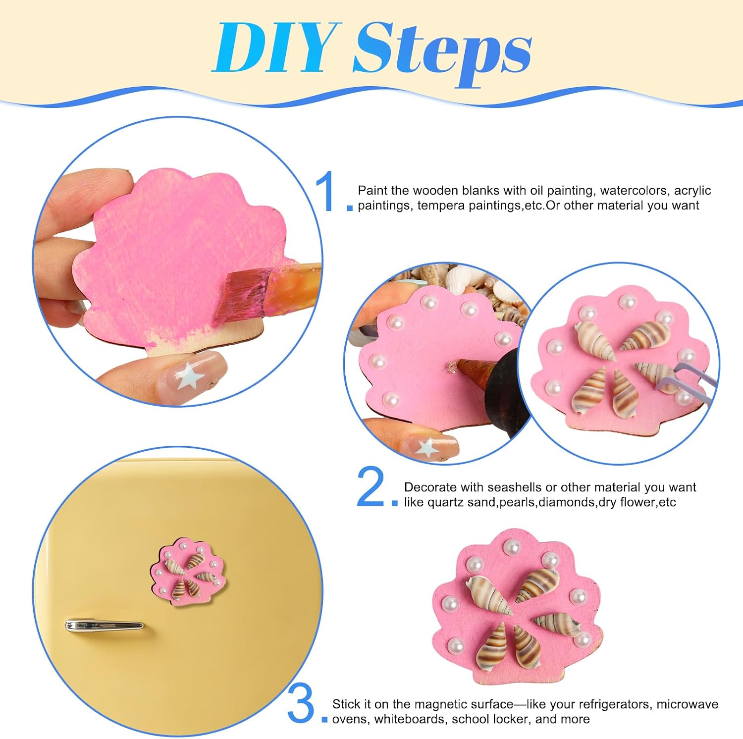 28 PCS DIY Fridge Magnet Kit|Wooden Magnetic Blanks for Painting for Oil,Watercolor,Acrylic Painting & DIY Crafts,7 Styles with Seashells for Kitchen Office Decorative image 5
