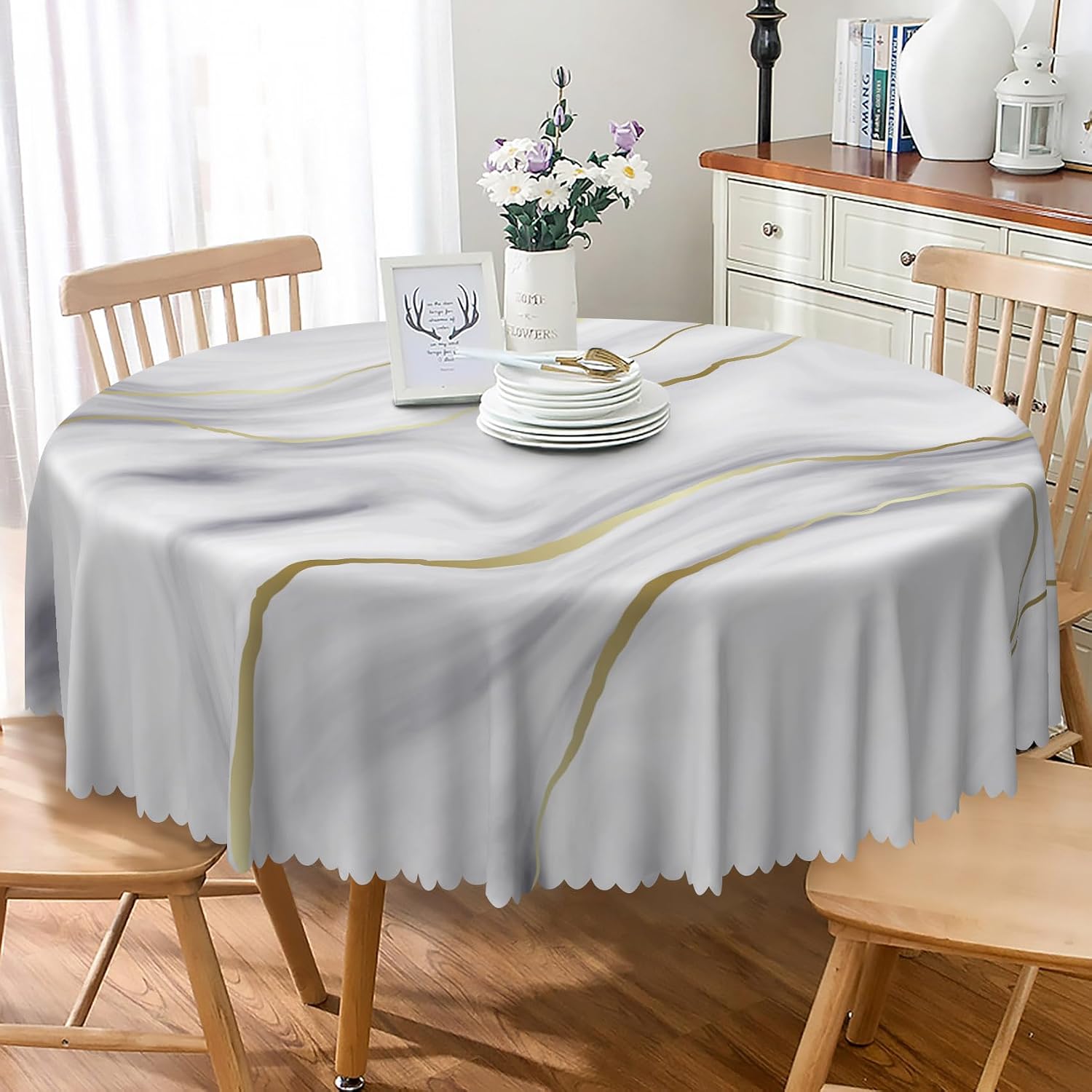 White Marble Round Tablecloth 70 Inch White Gray Marbling Golden Liquid Fabric Table Cloth Polyester Anti-Wrinkle Washable Nature Luxury Table Cover for Garden Dining Party Picnic Patio Decor