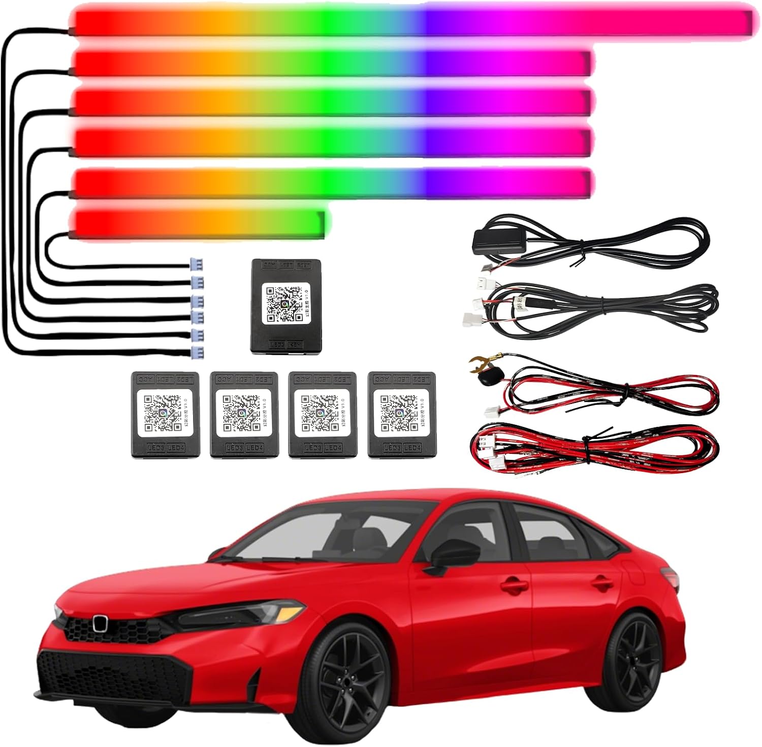 Acrylic Car Interior LED Ambient Light, for Honda Civic 2025,2026,6-in-1 LED Strip with Wireless APP Control, Neon Fiber Optic Lighting Function, 24 Million Colors and 256 Color Modes