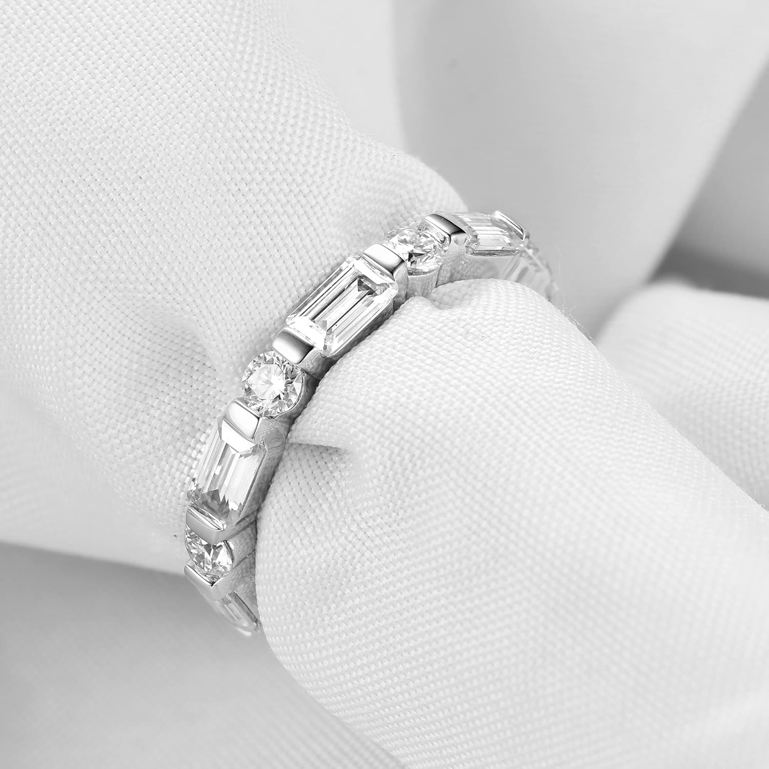 DovEggs Moissanite Emerald Baguette Round Full Wedding Band Eternity Band 3.15CTW 3X5mm F-G-H Moissanite Lab Created Diamond Engagement Rings Sterling Silver with 18K White Gold Plated