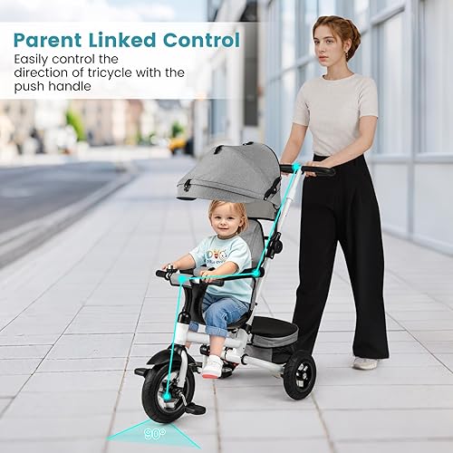 Miniatura 38 de HONEY JOY Triciclo, cochecito de bebé 6 en 1 con asa de empuje ajustable y toldo, cesta de almacenamiento, barandilla desmontable, arnés