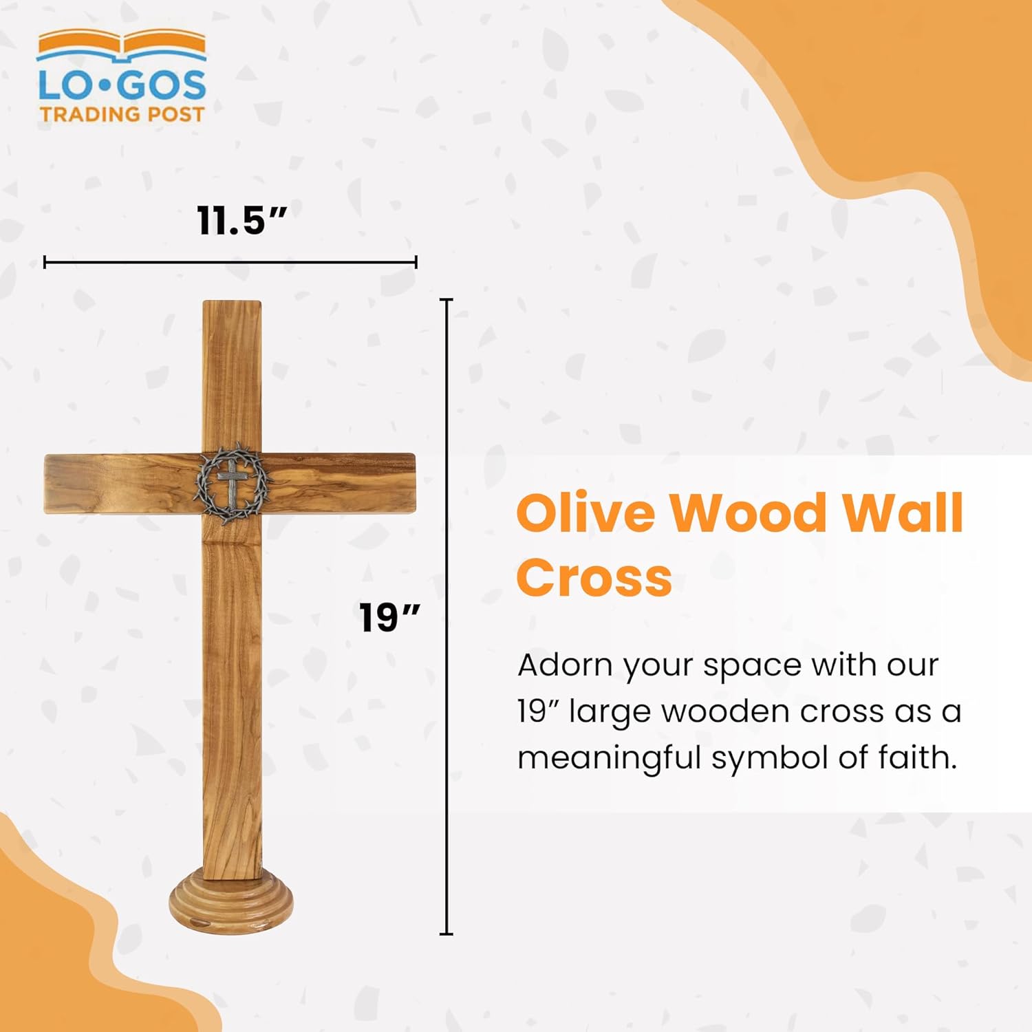 19” Wooden Wall Cross – Genuine Harvested Olive Wood Cross for Wall from the Holy Land – Timeless Wooden Cross Wall Decor w/ Sculpted Metal Crown of Thorns – Unique Decorative Cross for All Décor