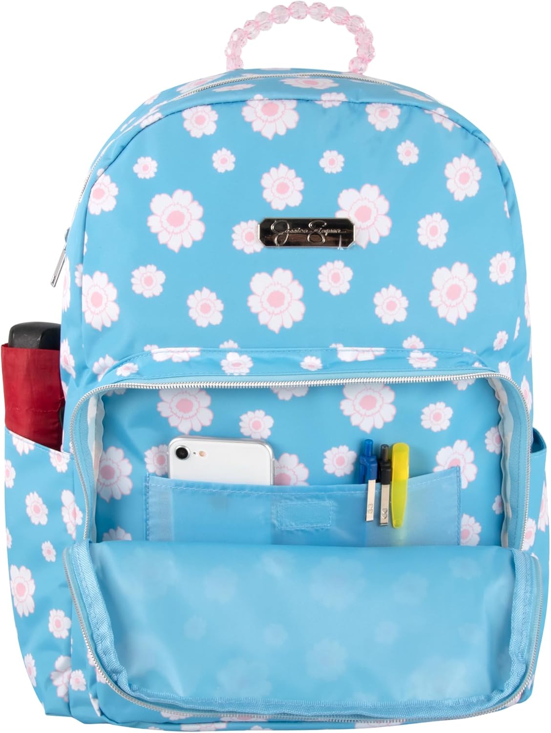 Jessica Simpson Women’s Designer Laptop Backpack with Side Pockets, Padded Straps | Classic Modern Backpack for Women (Beaded Blue Flowers) - Image 2