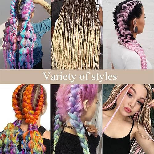 Miniatura 6 de Mezcla de fibra de cabello jumbo para trenzar cuatro extensiones de cabello sedoso y colorido trenzado, extensiones de colores arcoíris, mezcla