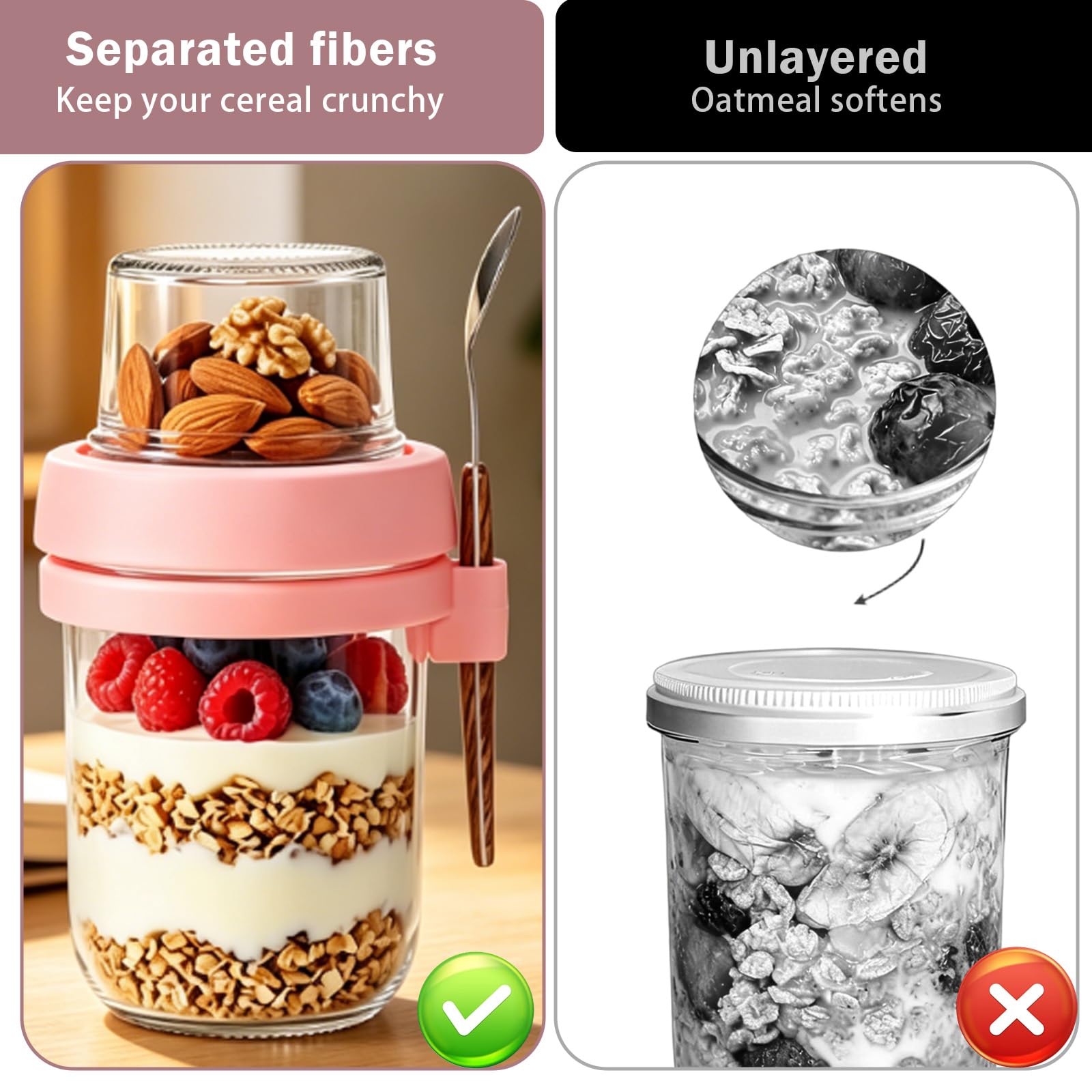 Juego de 2 vasos de cereales para llevar, 480 ml + 120 ml, vasos de yogur para llevar, vasos de preparación de comida, smoothie Bowl, vasos de avena para trabajo, escuela y viajes, color