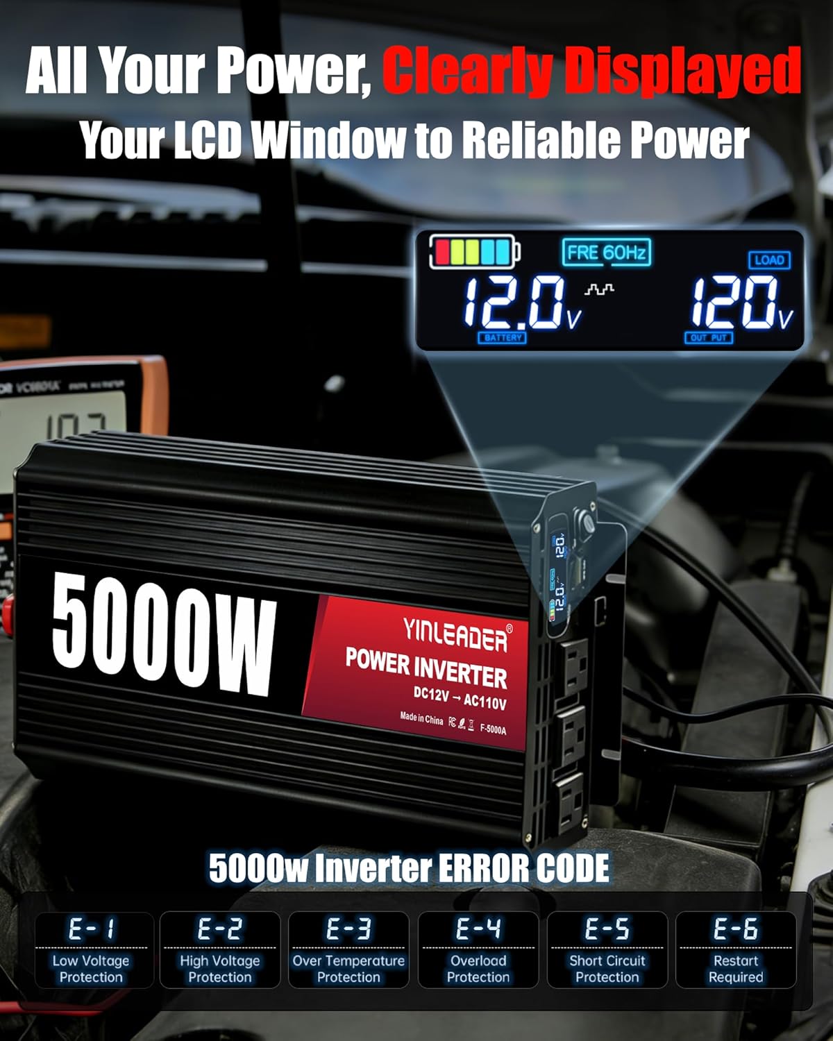 5000 Watt Power Inverter 12v to 110V/120V Converter Peak Power 10000W with 3 AC Outlets,1 USB Port, Remote Controller & LCD Screen DC to AC Inverter for RV Camping Off-Grid Solar Inverter Systems