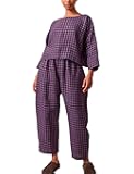 Women's Plaid Two Piece Set Loose Top and Wide Leg Pant Casual Linen Outfit with Pockets