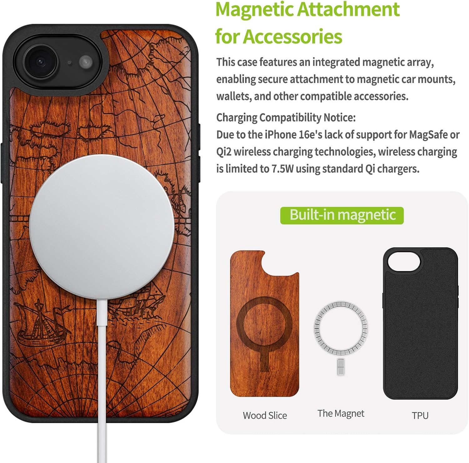 Carveit Magnetic Wooden Case for iPhone 16e / 17e, Solid Wood & Black TPU, Artisan Engraved Design, Shockproof Cover, Compatible with MagSafe Wireless Chargers, Ancient Voyage Map - Rosy