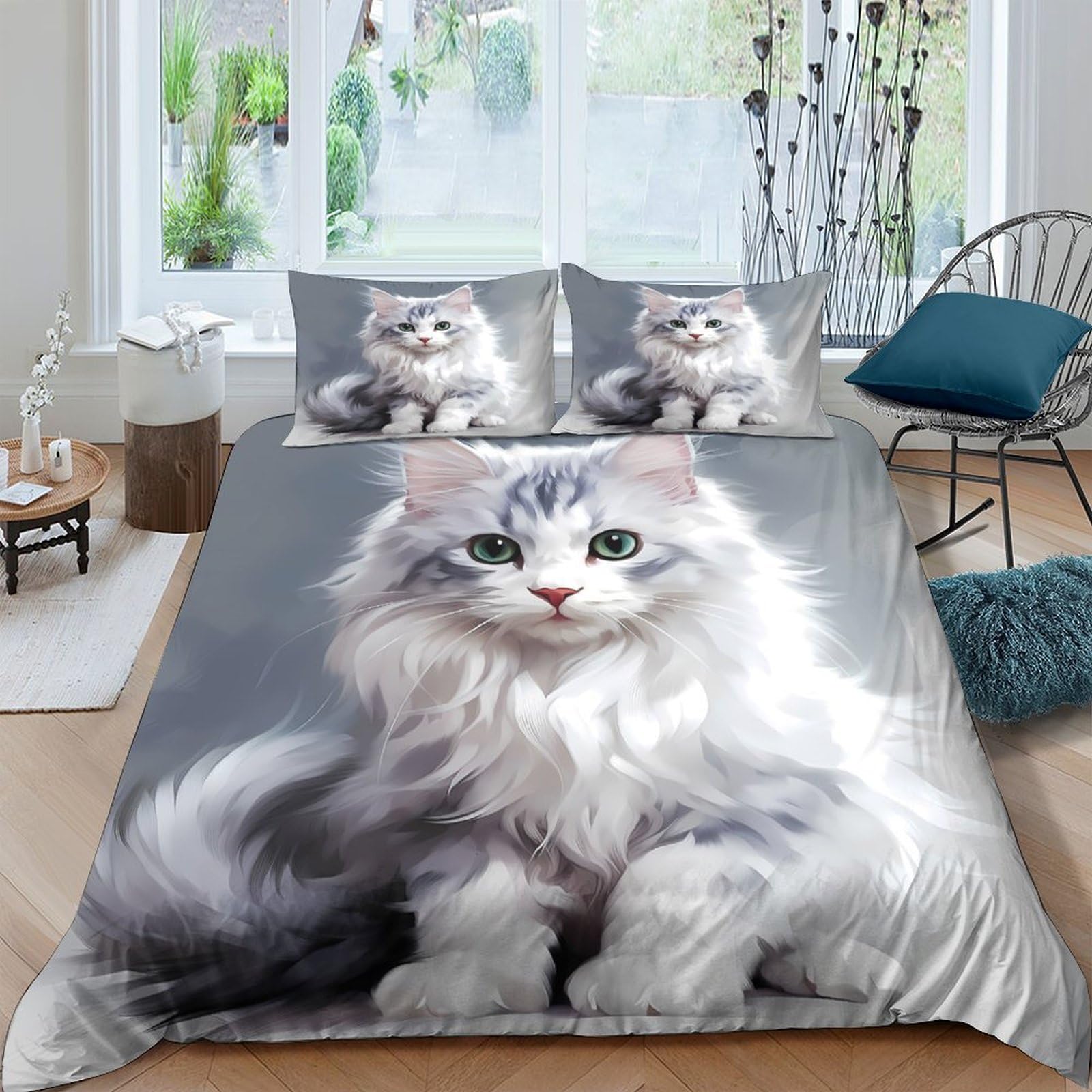 GPLZQXKJNH 3D Printed Cat Portrait Duvet Cover Microfiber Soft Breathable Kitten Bedding Set with 2 Pillowcases for Bedroom Decor Single（135x200cm）