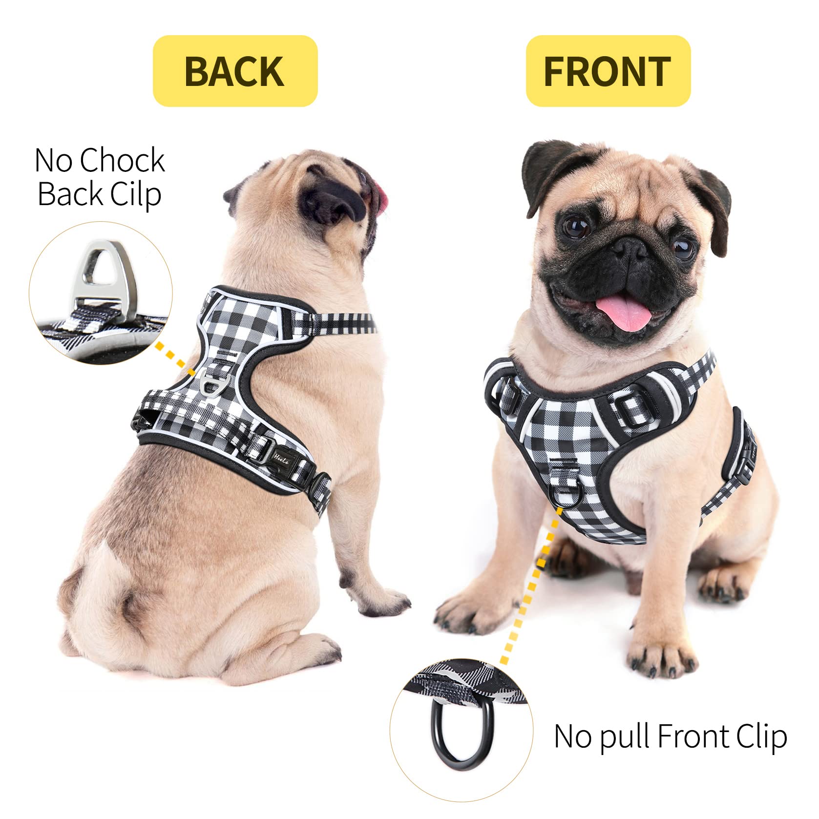 HEELE Pettorina Cane Taglia Media Riflettente Pettorina Addestramento Cani Anti Tiro con 2 Ganci in Metallo + Comodo Maniglia, Gilet per Cani Regolabile per Camminare, Plaid Nero-Bianco, M