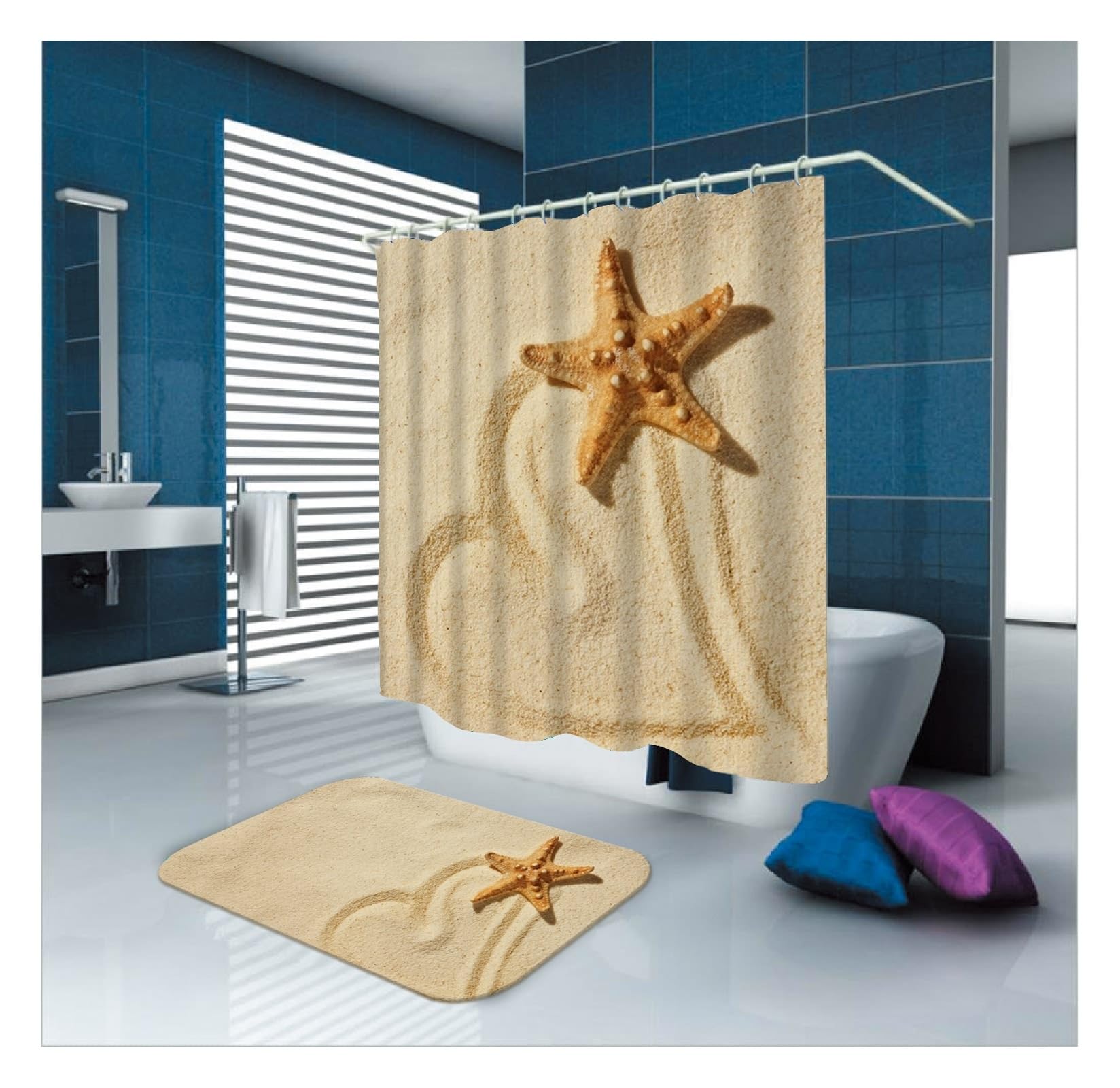 Rideau de douche polyester marron 165 x 200 cm lavable et imperméable motif sable et cœur