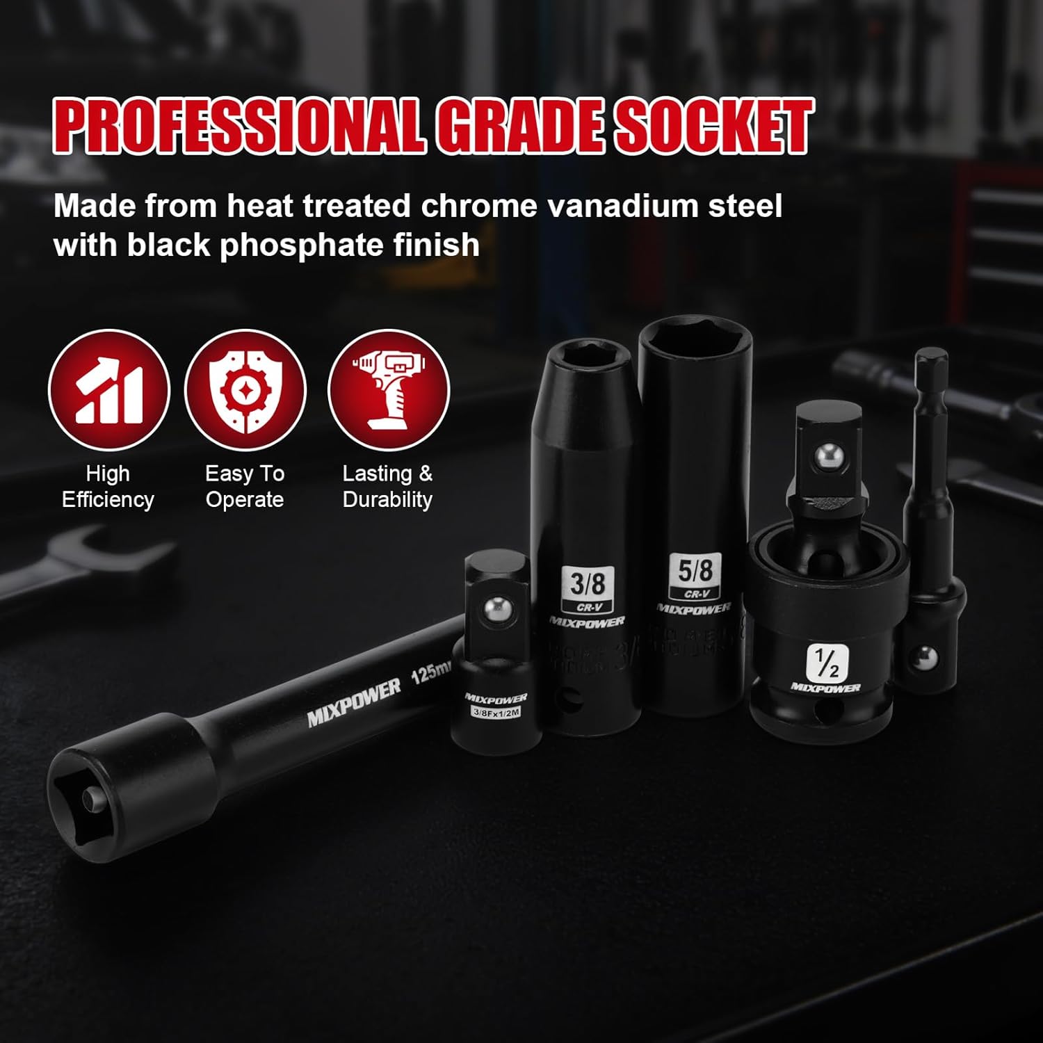 MIXPOWER 25 PCS 1/2” Drive Impact Socket Set, 3/8" to 1-1/2" Deep Socket, 6-Point Hex Socket with Portable Case,SAE,CR-V&CR-MO Steel