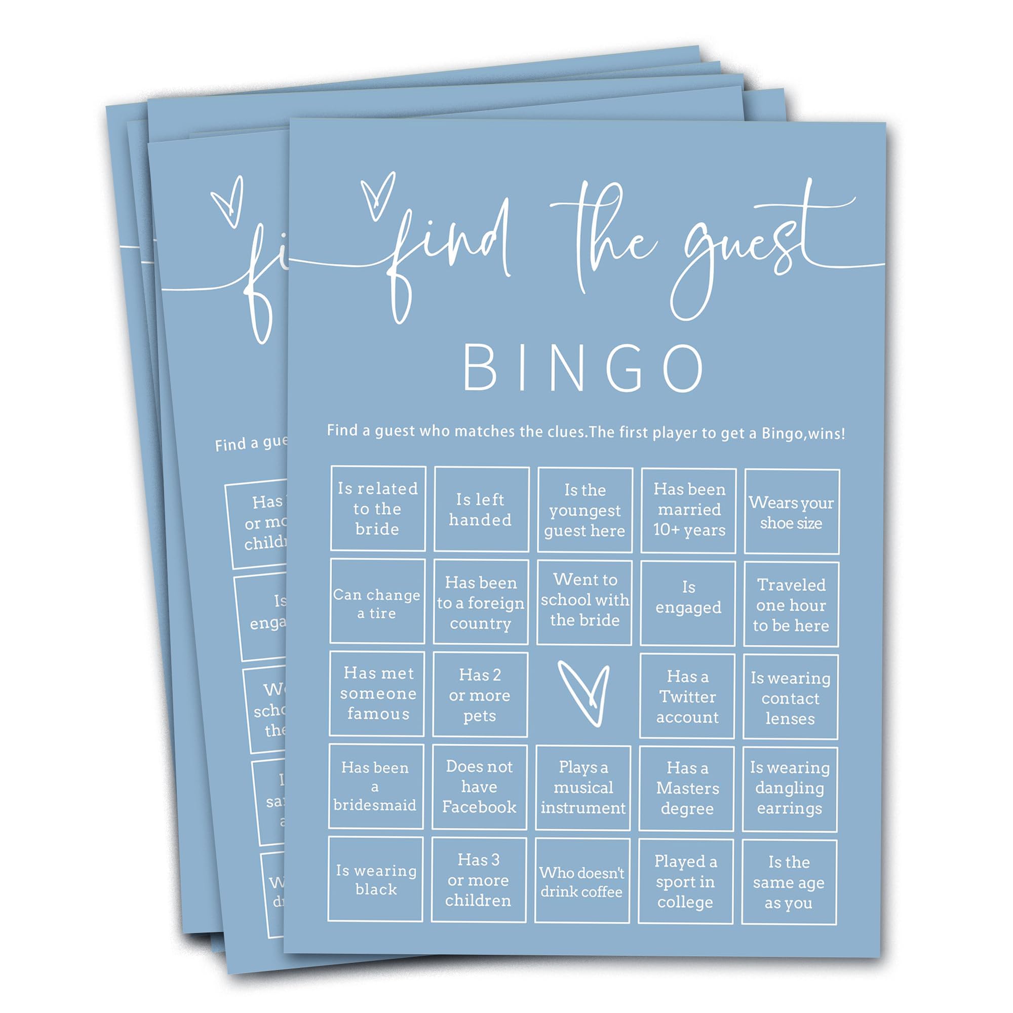 Wybgno Wedding Shower Games Cards, 25Pcs Prefilled Find The Guest Bingo Game Cards, Engagement Party Games for Guests, Minimalist Blue Wedding Party